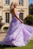 Lilac Plus Size Printed A Line Spaghetti Straps Long Prom Dress with 3D Flowers