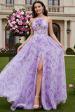 Lilac Printed A Line 3D Flower Cut Out Long Prom Dress with Slit