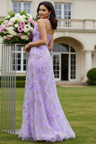 Lilac Printed A Line 3D Flower Cut Out Long Prom Dress with Slit