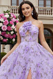 Lilac Printed A Line 3D Flower Cut Out Long Prom Dress with Slit
