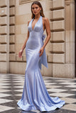 Light Blue Beaded Halter Satin Long Prom Dress with Bow