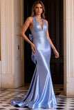Light Blue Beaded Halter Satin Long Prom Dress with Bow