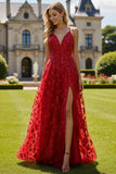 Red A Line Sequin Spaghetti Straps Long Prom Dress with Slit