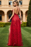 Red A Line Sequin Spaghetti Straps Long Prom Dress with Slit