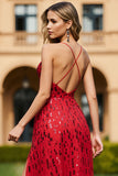 Red A Line Sequin Spaghetti Straps Long Prom Dress with Slit