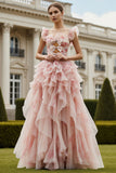 Blush Flower Ruffle A Line Bow Long Prom Dress with Flutter Sleeves