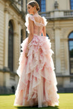 Blush Flower Ruffle A Line Bow Long Prom Dress with Flutter Sleeves