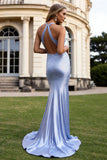 Light Blue Beaded Mermaid Halter Long Prom Dress