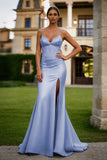 Light Blue Beaded Mermaid Corset Long Prom Dress with Slit