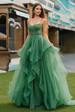 Glitter Dark Green A Line Ruffle Long Prom Dress