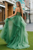 Glitter Dark Green A Line Ruffle Long Prom Dress