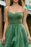 Glitter Dark Green A Line Ruffle Long Prom Dress