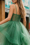 Glitter Dark Green A Line Ruffle Long Prom Dress
