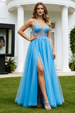 Blue A Line Appliqued Long Prom Dress with Slit