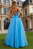 Blue A Line Appliqued Long Prom Dress with Slit