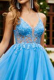 Blue A Line Appliqued Long Prom Dress with Slit