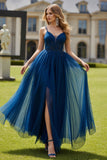Navy Beaded A Line Tulle Long Prom Dress with Slit