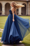 Navy Beaded A Line Tulle Long Prom Dress with Slit