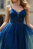 Navy Beaded A Line Tulle Long Prom Dress with Slit