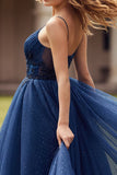 Navy Beaded A Line Tulle Long Prom Dress with Slit