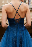 Navy Polka Dot A Line Ruffle Long Prom Dress