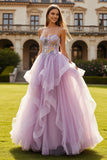 Lilac Floral Beaded A Line Tulle Ruffle Long Prom Dress