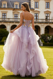 Lilac Floral Beaded A Line Tulle Ruffle Long Prom Dress