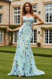 Green Floral Mermaid Spaghetti Straps Long Prom Dress