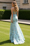 Green Floral Mermaid Spaghetti Straps Long Prom Dress