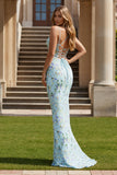 Mermaid Green Flower Printed Long Prom Dress with Lace Up Back