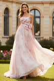 Blush Flower A Line Printed Ruched Long Prom Dress with Bow