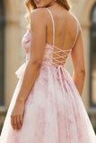Blush Flower A Line Printed Ruched Long Prom Dress with Bow