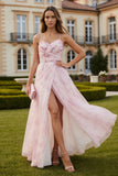 Blush Flower A Line Printed Long Prom Dress with Slit