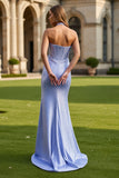 Light Blue Halter Corset Mermaid Long Prom Dress with Slit