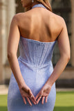 Light Blue Halter Corset Mermaid Long Prom Dress with Slit