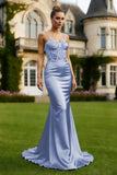 Mermaid Light Blue Corset Satin Spaghetti Straps Long Prom Dress