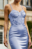 Mermaid Light Blue Corset Satin Spaghetti Straps Long Prom Dress