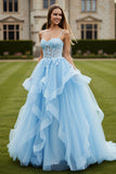 Sky Blue A Line Appliqued Corste Tulle Long Prom Dress with Ruffles