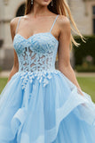 Sky Blue A Line Appliqued Corste Tulle Long Prom Dress with Ruffles