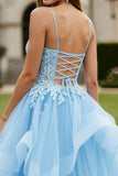 Sky Blue A Line Appliqued Corste Tulle Long Prom Dress with Ruffles