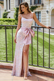 Blush Pink Mermaid Appliqued Corset Bowed Long Prom Dress with Slit