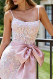 Blush Pink Mermaid Appliqued Corset Bowed Long Prom Dress with Slit