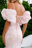 Cold Shoulder Blush Pink Mermaid Embroidered Corset Long Prom Dress