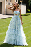 Blue Flower A Line Printed Cut Out Tiered Ruffle Long Prom Dress