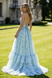 Blue Flower A Line Printed Cut Out Tiered Ruffle Long Prom Dress