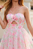 Blue Flower A Line Printed Cut Out Tiered Ruffle Long Prom Dress