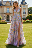 Lilac Floral A Line Embroidered Long Prom Dress with Slit