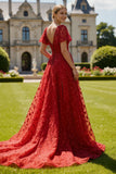 Dark Red A Line Sequin Bateau Neck Long Prom Dress with Sleeves