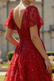 Dark Red A Line Sequin Bateau Neck Long Prom Dress with Sleeves