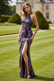 Grape Beaded Halter Mermaid Long Prom Dress with Slit